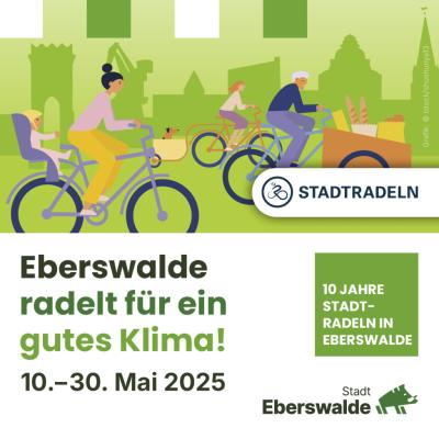 mehrere Menschen auf Fahrrädern und Text zum Stadtradeln