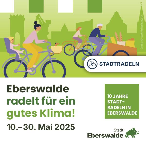 mehrere Menschen auf Fahrrädern und Text zum Stadtradeln